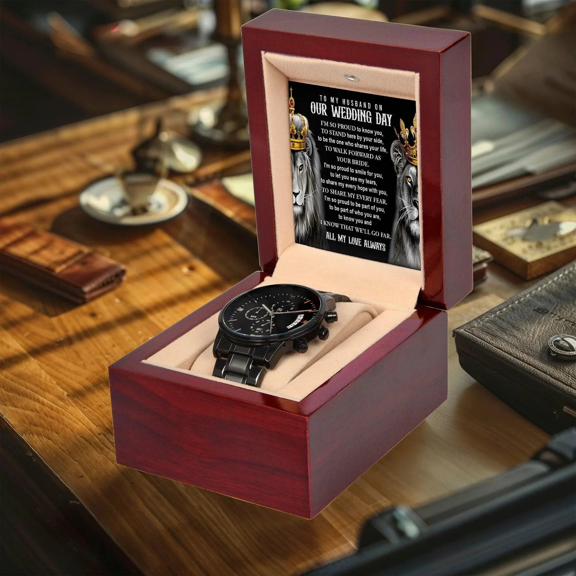 Husband Wedding Day Gift-By Your Side-Black Chronograph Watch