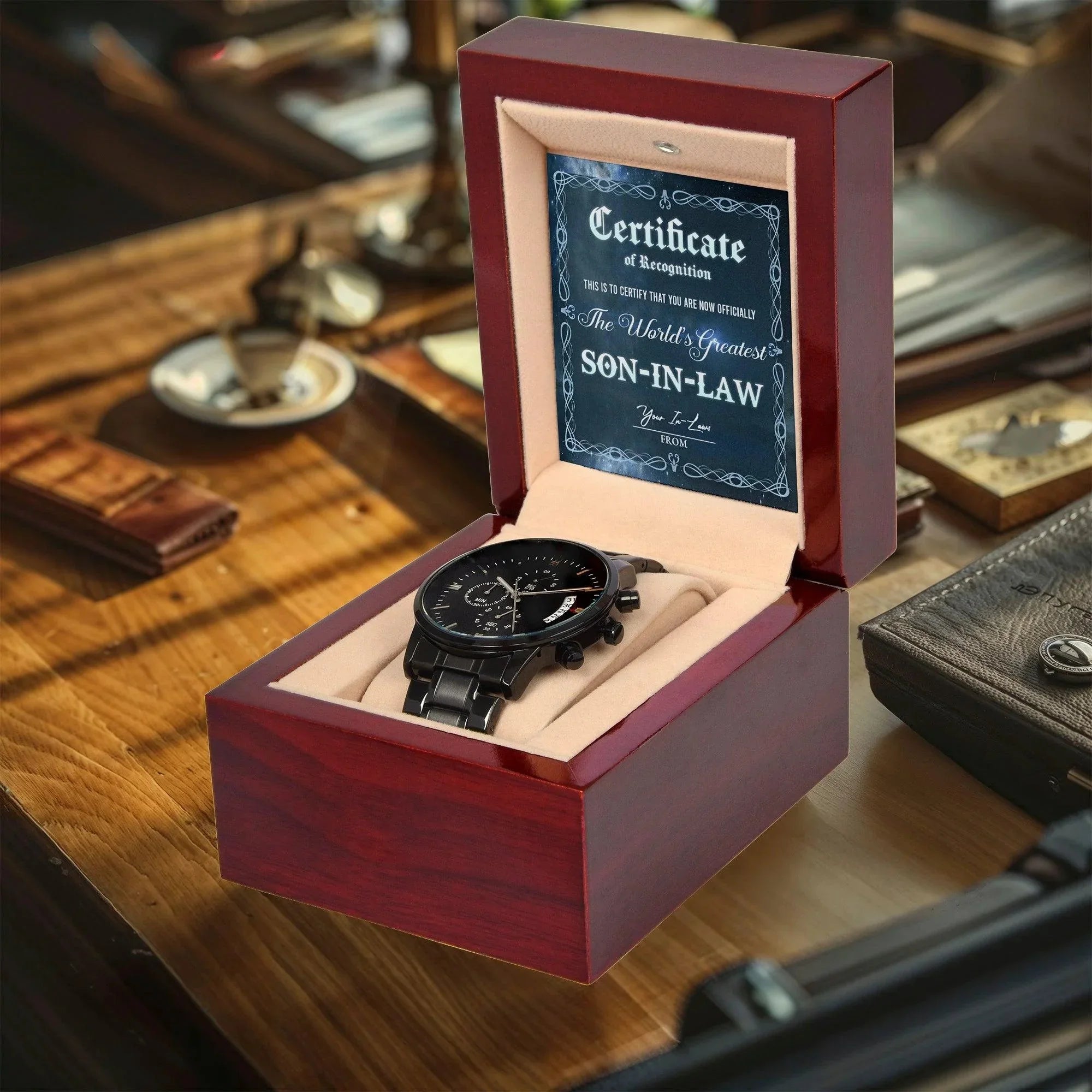 Son-In-Law Wedding Day Gift-Certificate Of Achievement-Black Chronograph Watch