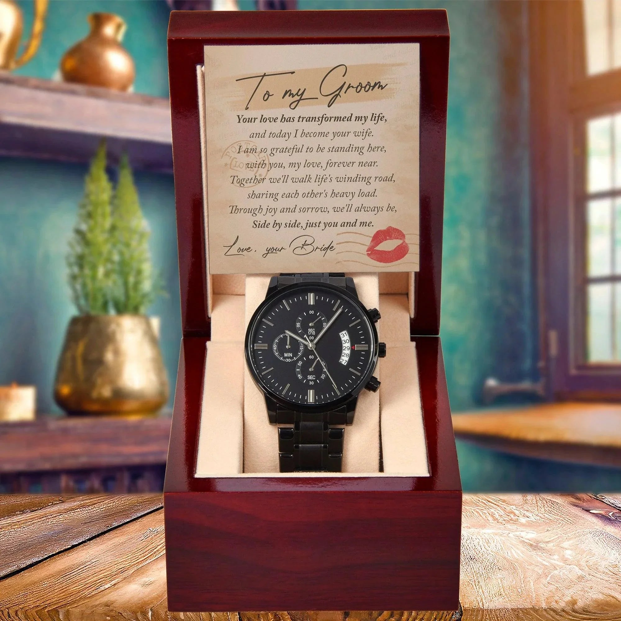 Gift to the Groom - Side by Side, Just You and Me - Black Chronograph Watch