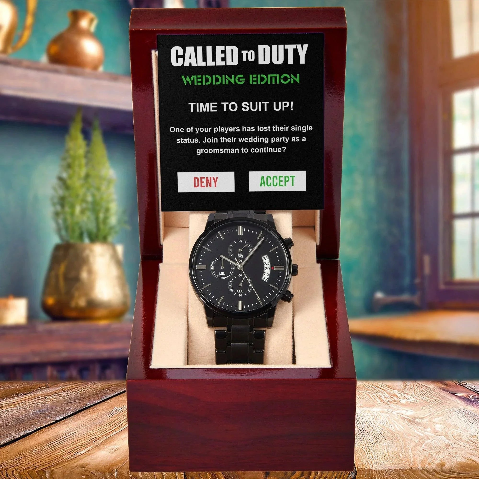 Groomsman Called To Duty Time to Suit Up Wedding Party Invite Black Chronograph Watch