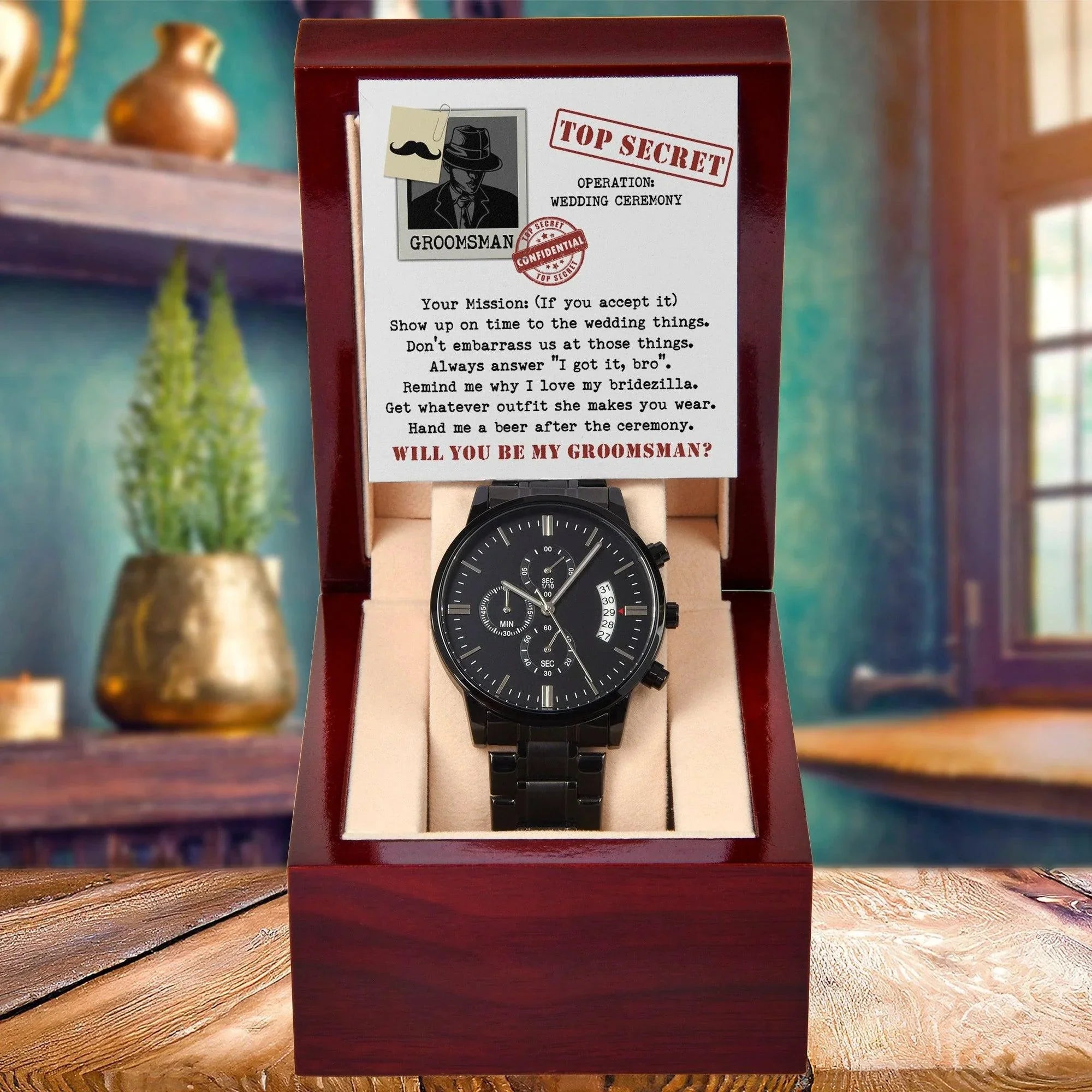 Groomsman Top Secret Mission - Black Chronograph Watch Gift Wedding Proposal Invite from Groom