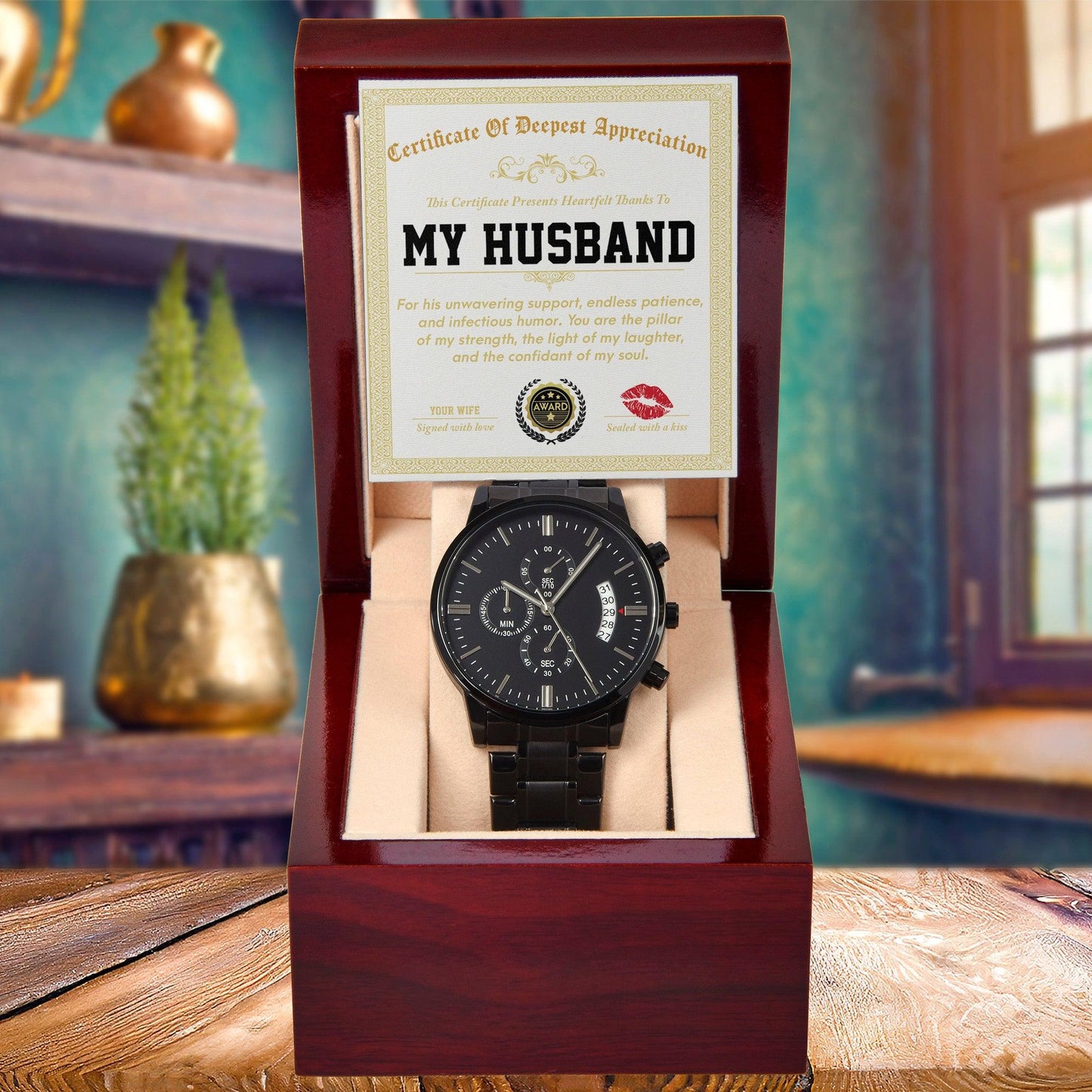 Husband Wedding Day Gift - Deepest Appreciation - Black Chronograph Watch - Mallard Moon Gift Shop