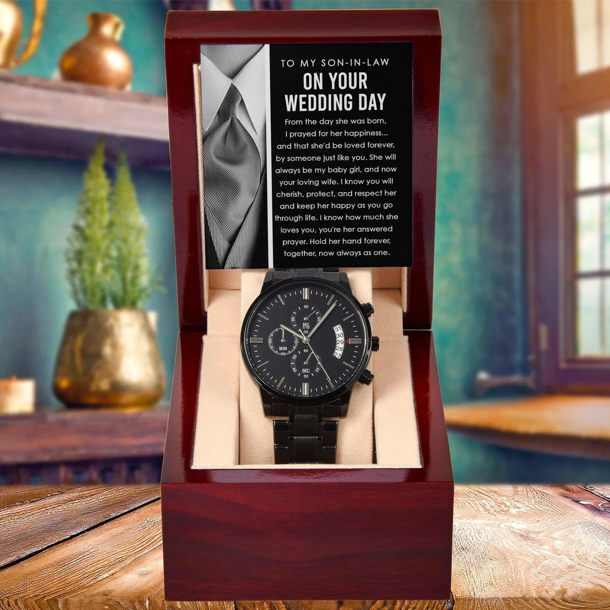 Son-in-Law Wedding Day Gift - Hold Her Hand Forever - Black Chronograph Watch