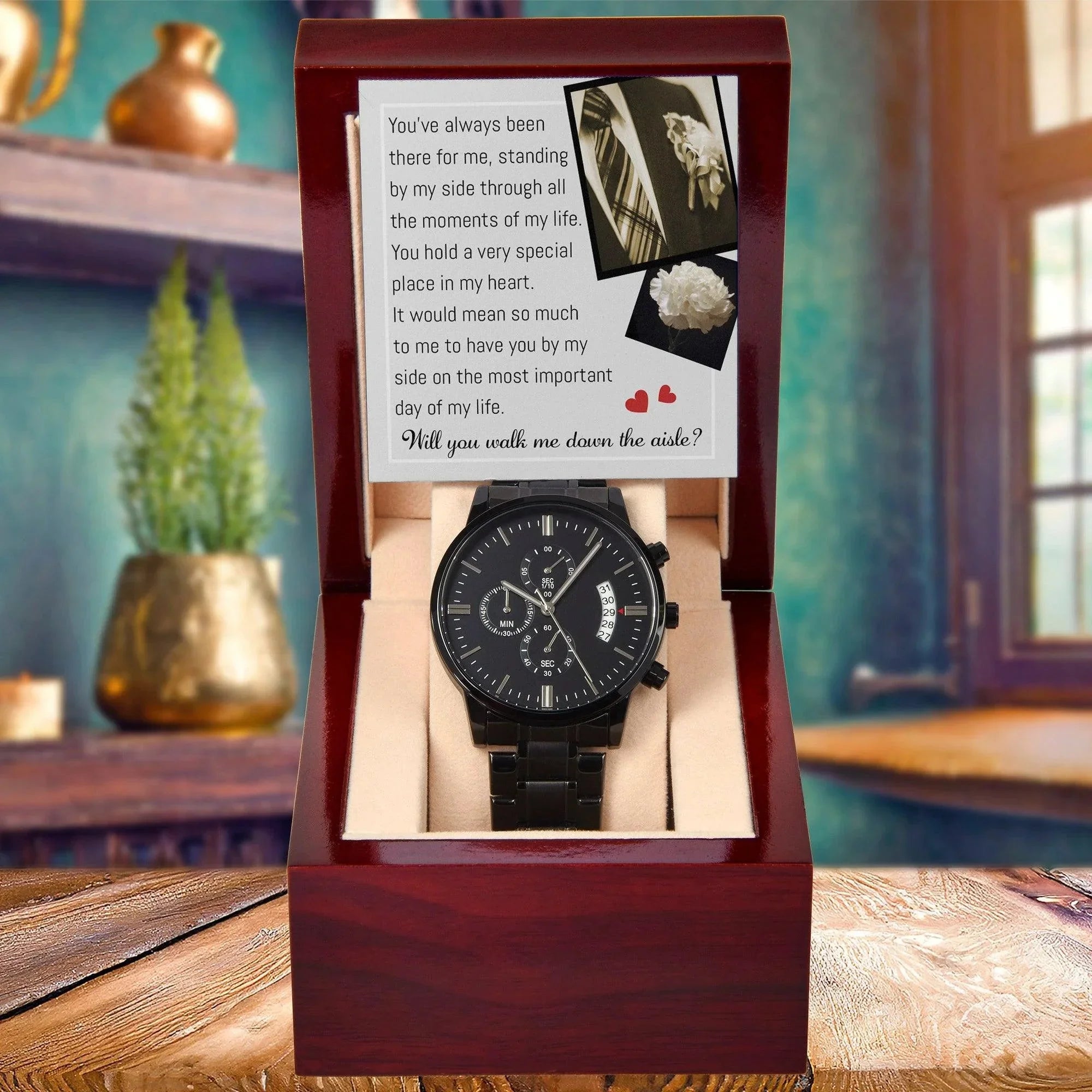 Father of the Bride Gift Will You Walk Me Down the Wedding Aisle Black Chronograph Watch