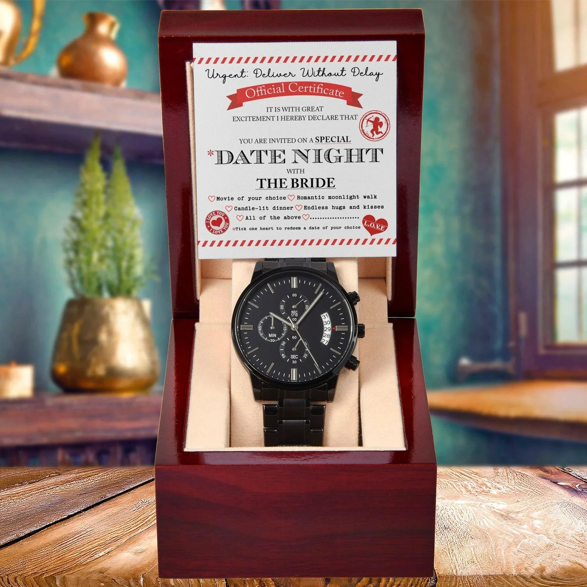 Groom Wedding Day Gift - Date Night - Black Chronograph Watch