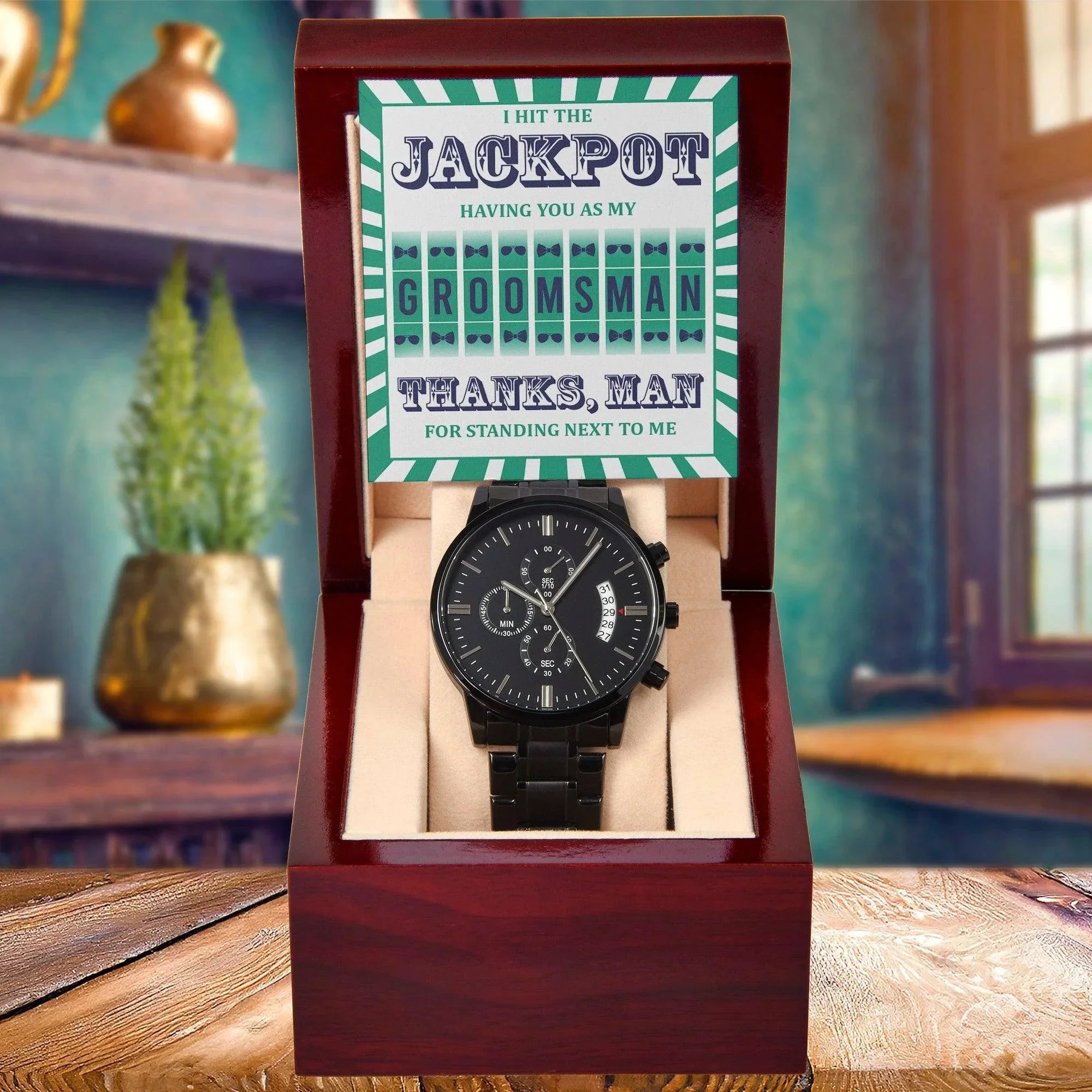 Groomsman Wedding Day Gift - Hit The Jackpot-Black Chronograph Watch