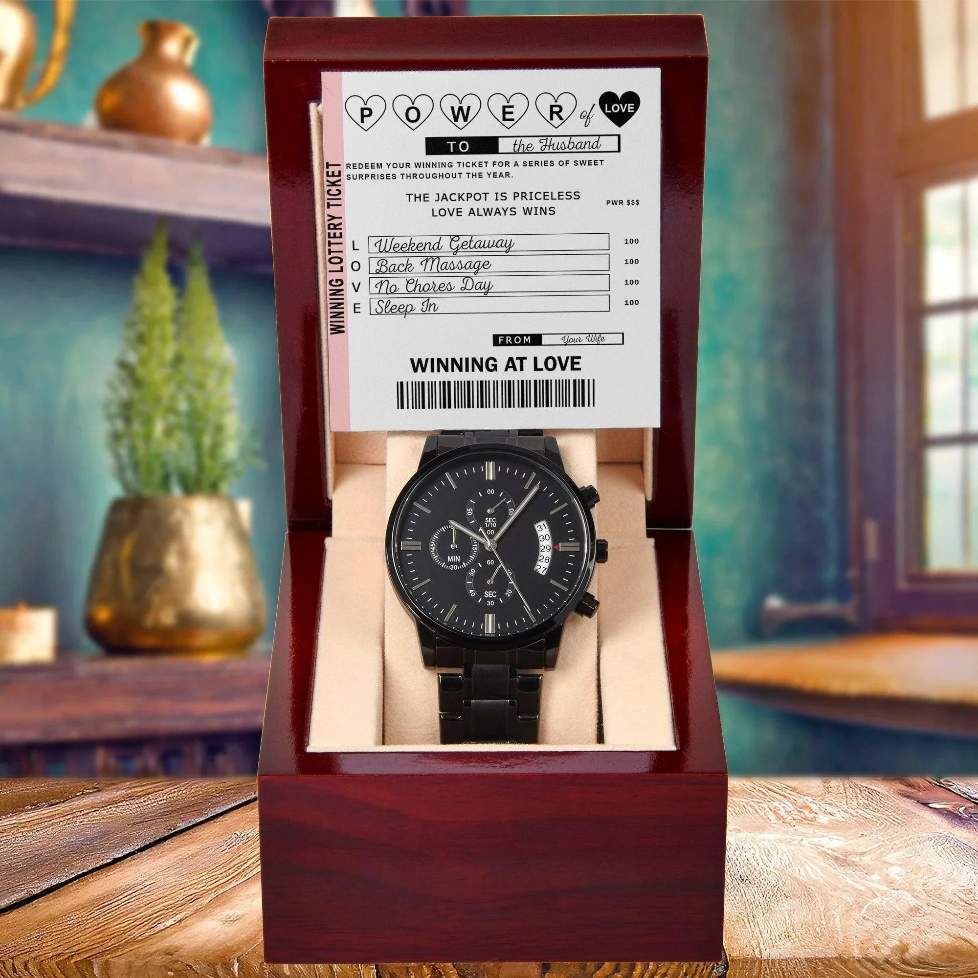 Husband Wedding Day Gift - Power of Love - Black Chronograph Watch