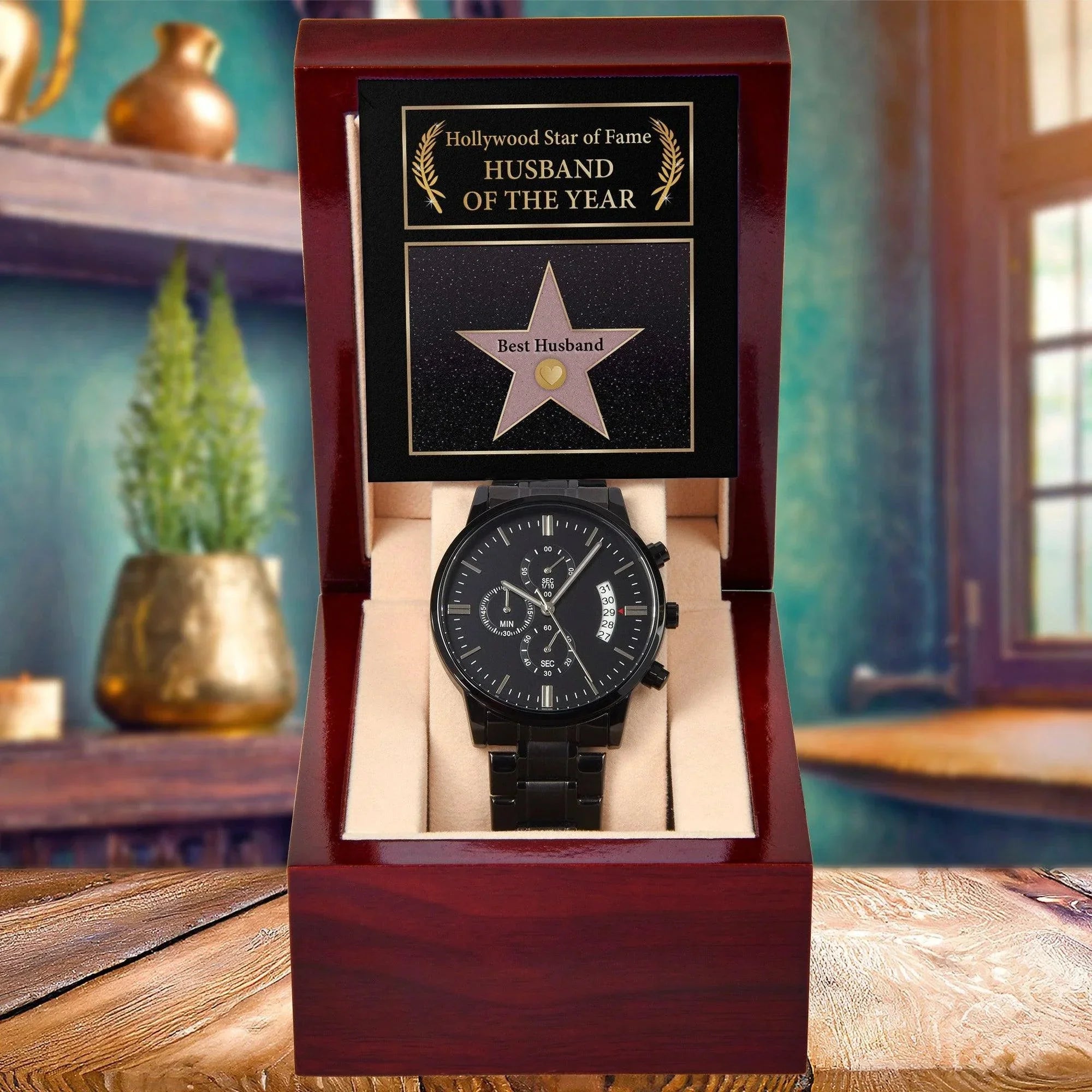 Husband Wedding Day Gift-Star of Fame-Black Chronograph Watch