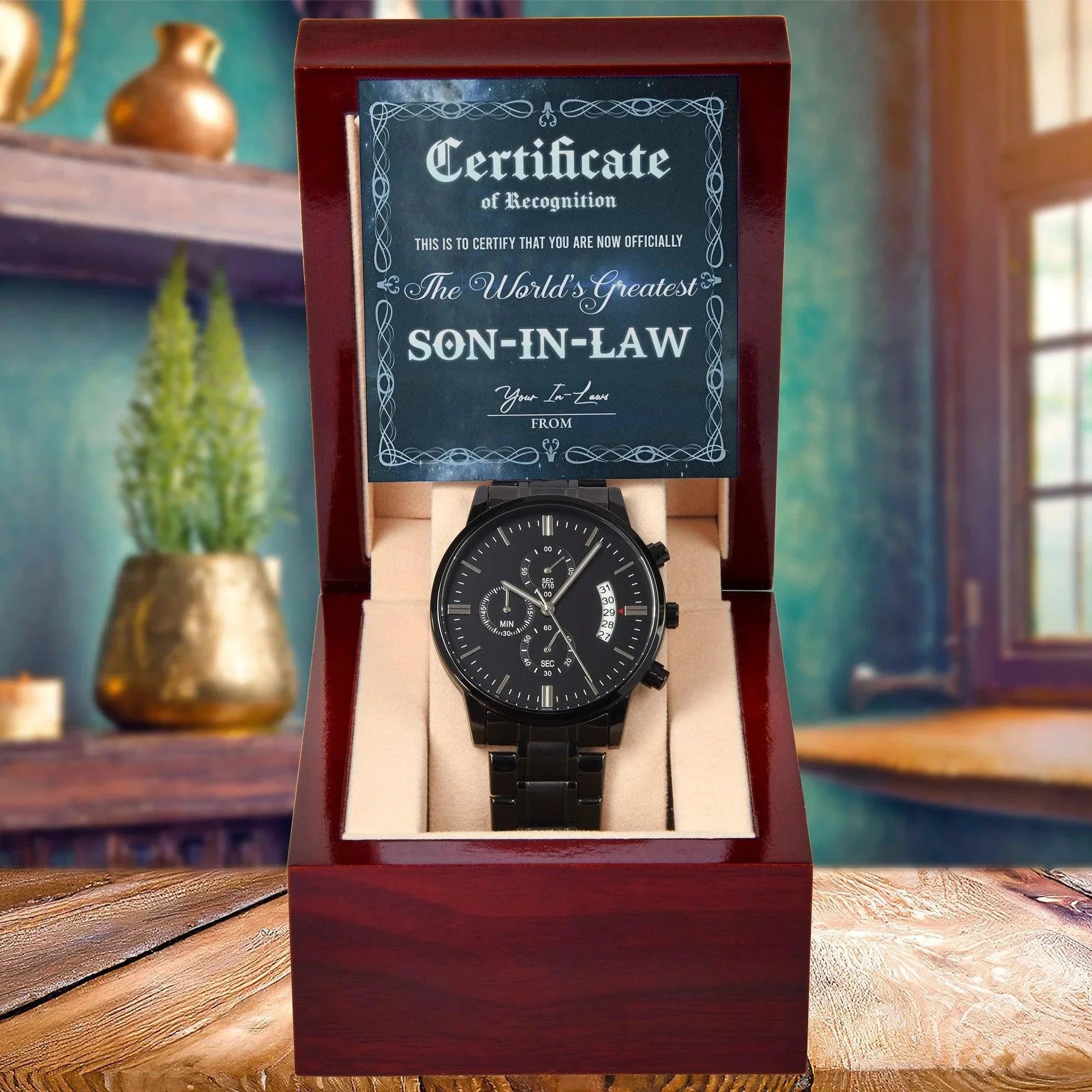 Son-In-Law Wedding Day Gift-Certificate Of Achievement-Black Chronograph Watch