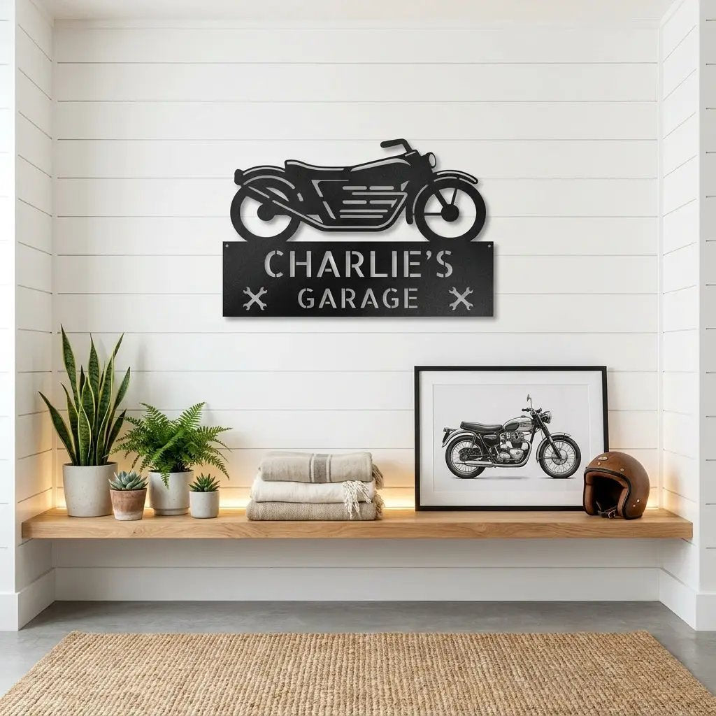 Personalized Motorcycle Garage Metal Sign – Custom Biker Wall Art – Garage Decor – Gift for Dad