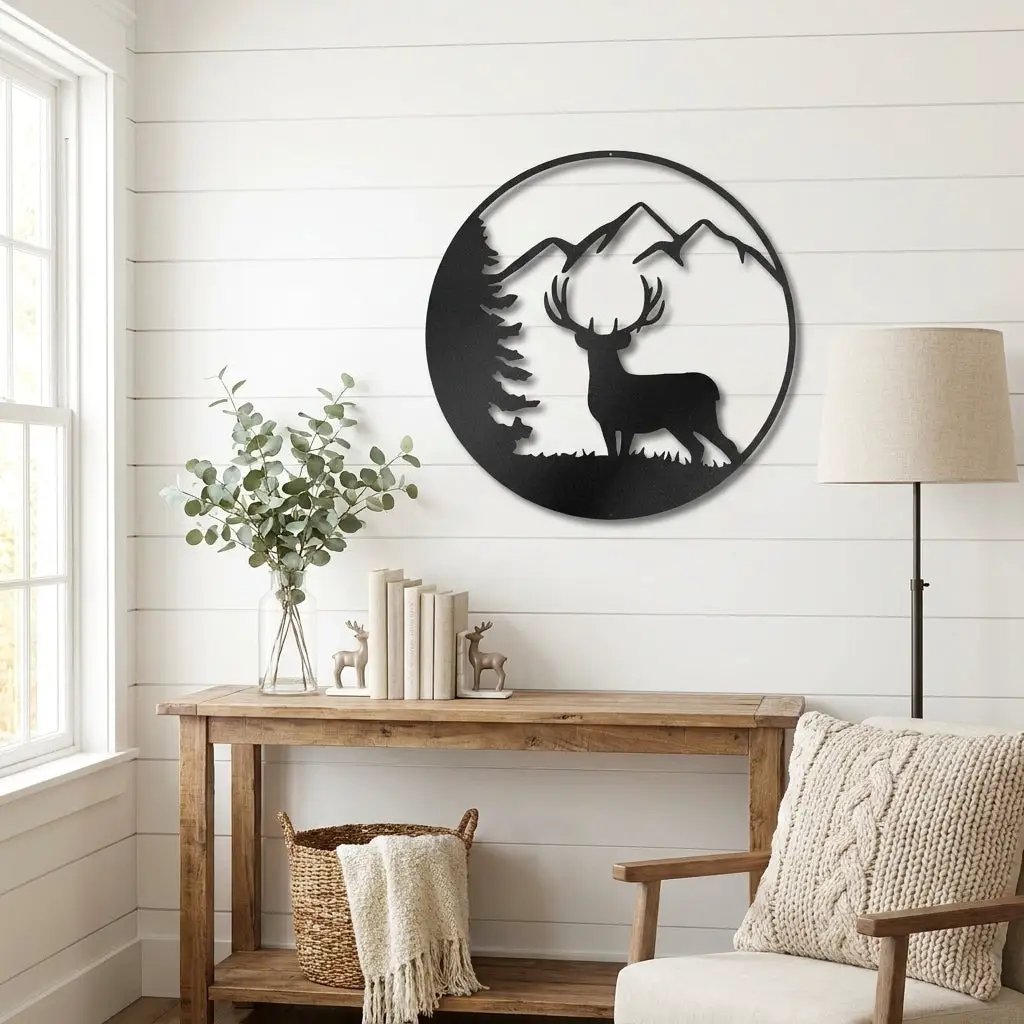 Deer Mountain Metal Wall Art – Rustic Wildlife Circle Sign – Forest & Cabin Lodge Decor – Stag Silhouette Steel Wall Hanging