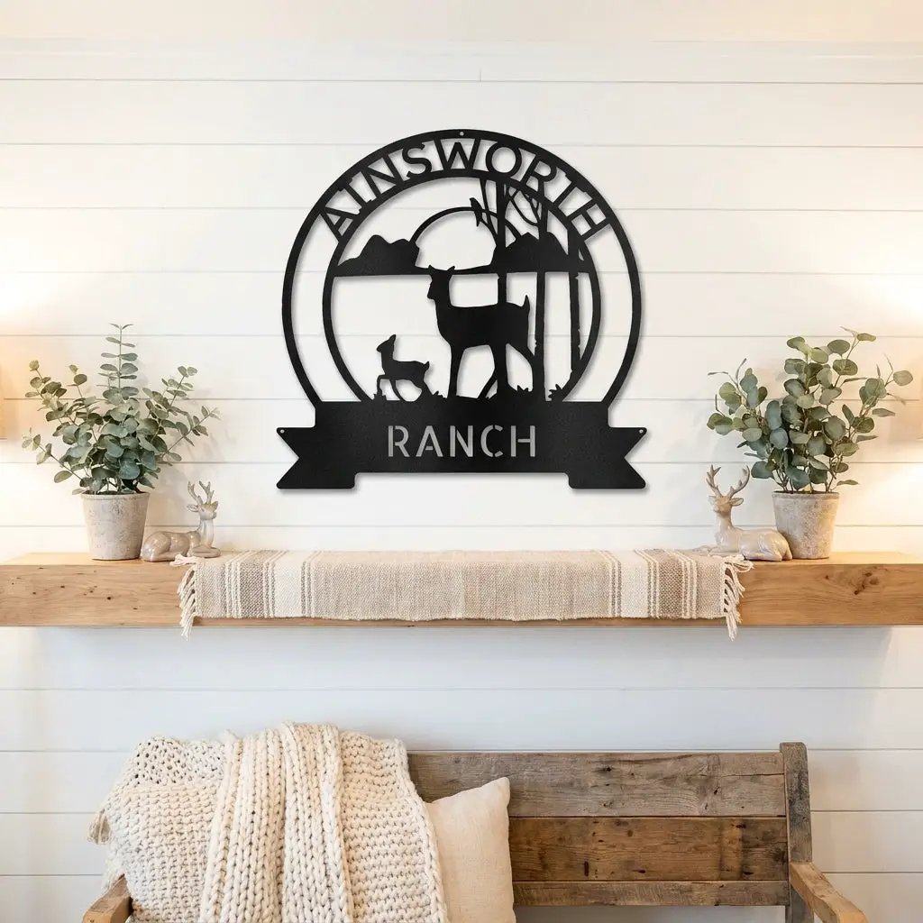 Personalized Deer Ranch Metal Sign – Doe & Fawn Sunset Wall Art – Custom Family Name & Ranch Name Sign – Rustic Farmhouse Lodge Decor