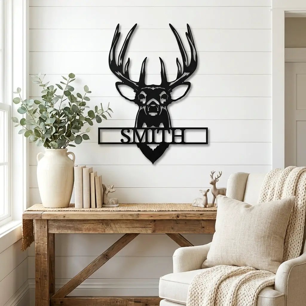 Personalized Deer Head Metal Wall Art Custom Family Name Sign Buck Antler Decor Rustic Cabin Farmhouse Wall Hanging Hunting Gift Idea