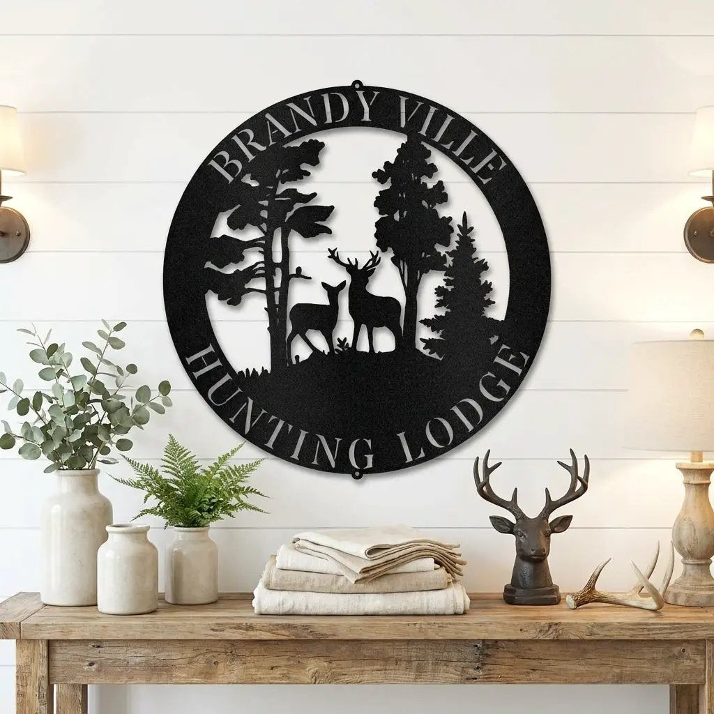Personalized Deer Couple Metal Wall Art Custom Family Name Sign Hunting Lodge Decor Buck Doe Forest Scene Rustic Outdoor Wall Hanging