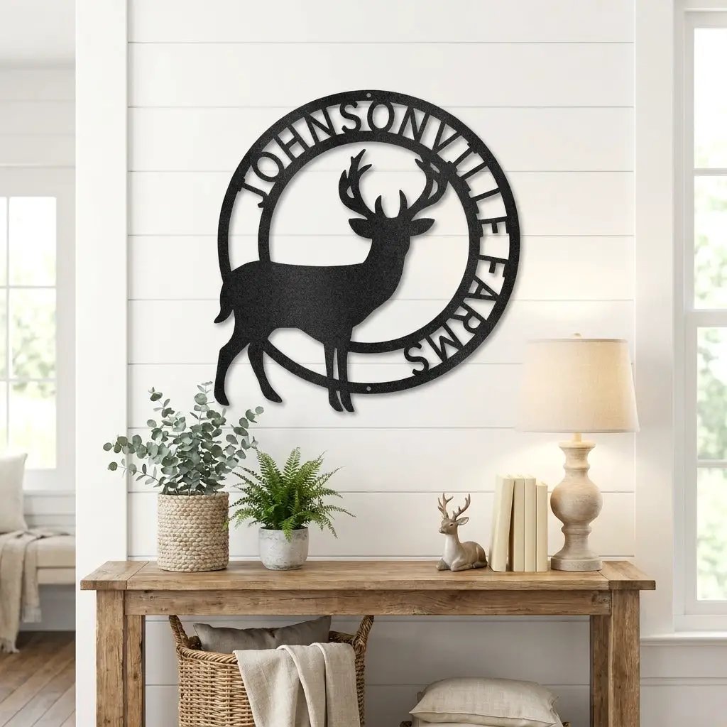 Personalized Deer Family Name Metal Sign – Custom Last Name Circle Wall Art – Rustic Farmhouse Home Decor Gift