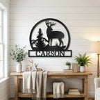 Personalized Deer Scene Metal Sign – Custom Last Name Wall Art – Rustic Cabin Forest Decor Gift