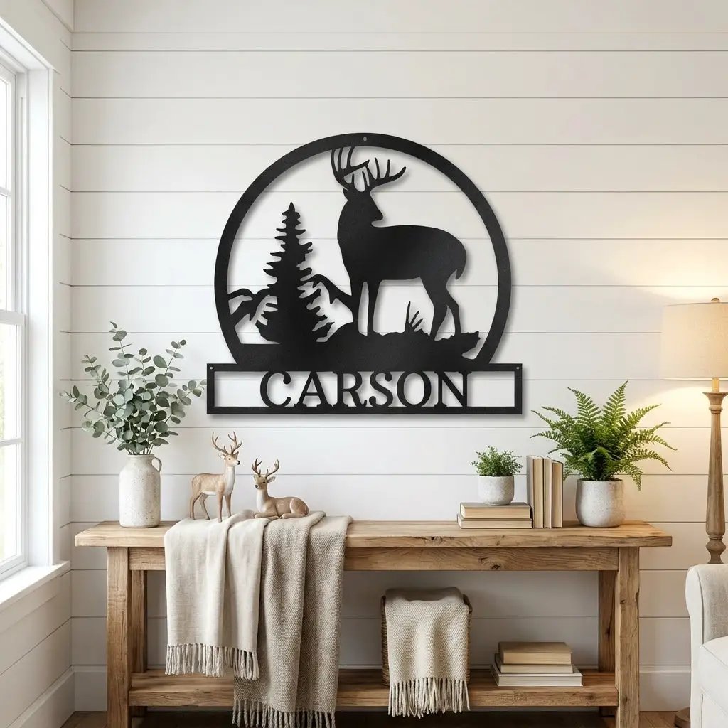 Personalized Deer Scene Metal Sign – Custom Last Name Wall Art – Rustic Cabin Forest Decor Gift