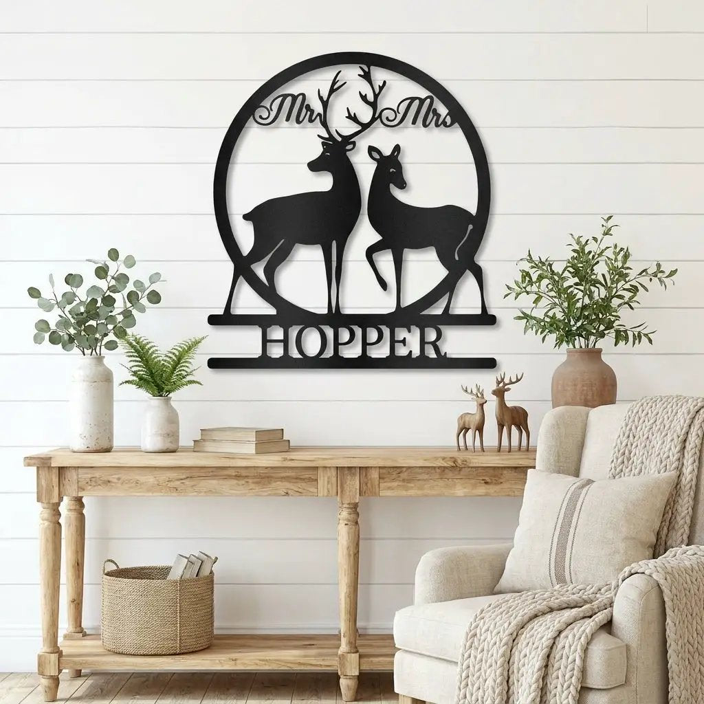 Personalized Mr & Mrs Deer Metal Sign – Custom Last Name Wedding Wall Art – Rustic Anniversary Gift for Couple
