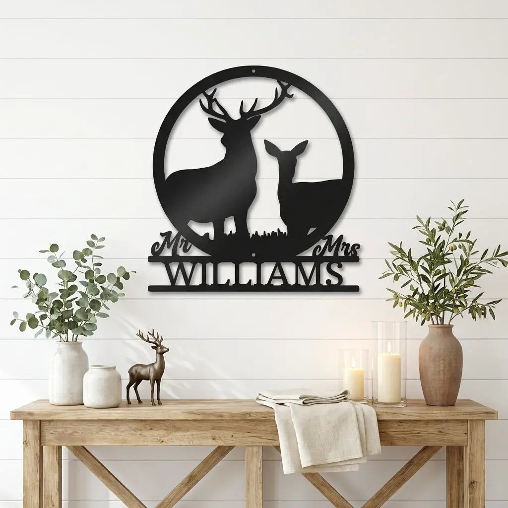 Personalized Mr & Mrs Deer Couple Metal Sign – Custom Last Name Stag & Doe Wall Art – Romantic Wedding or Anniversary Gift