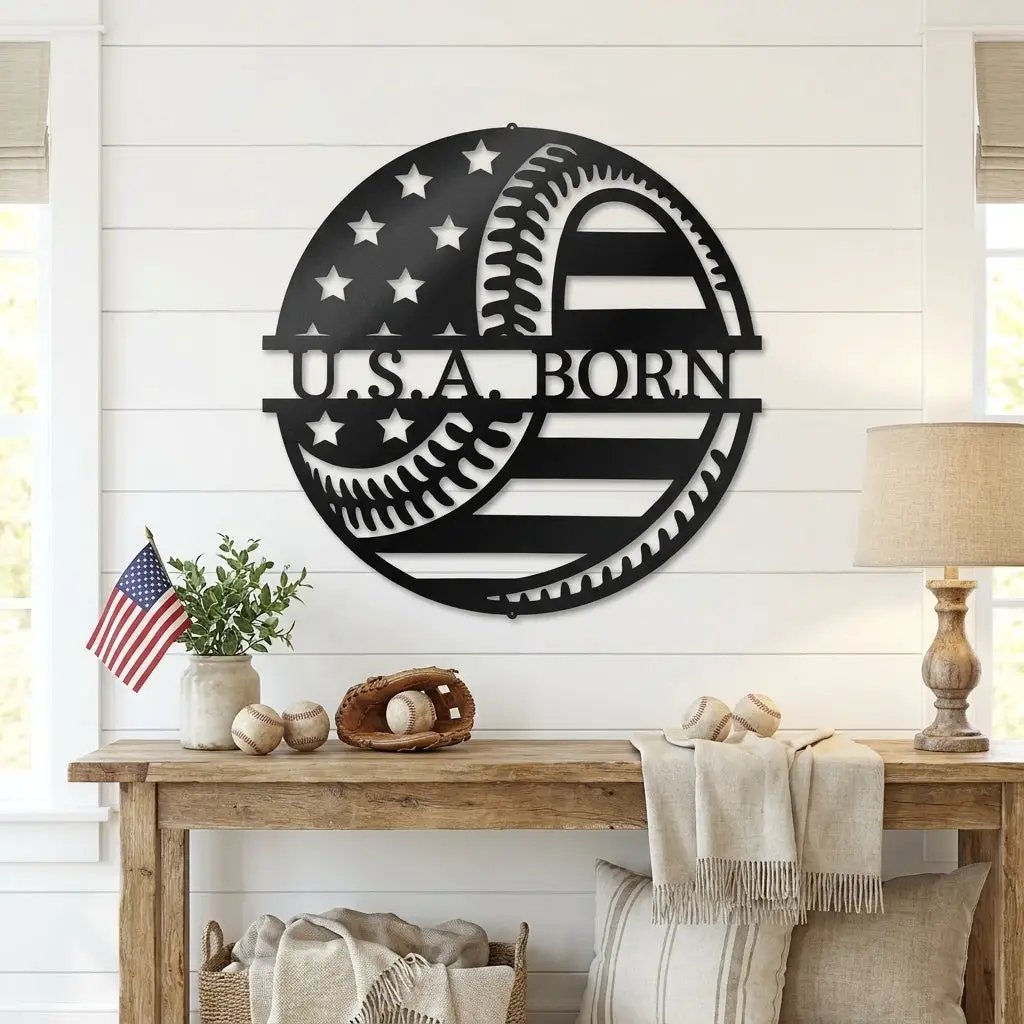 Baseball American Flag Custom Name Metal Art Wall Sign