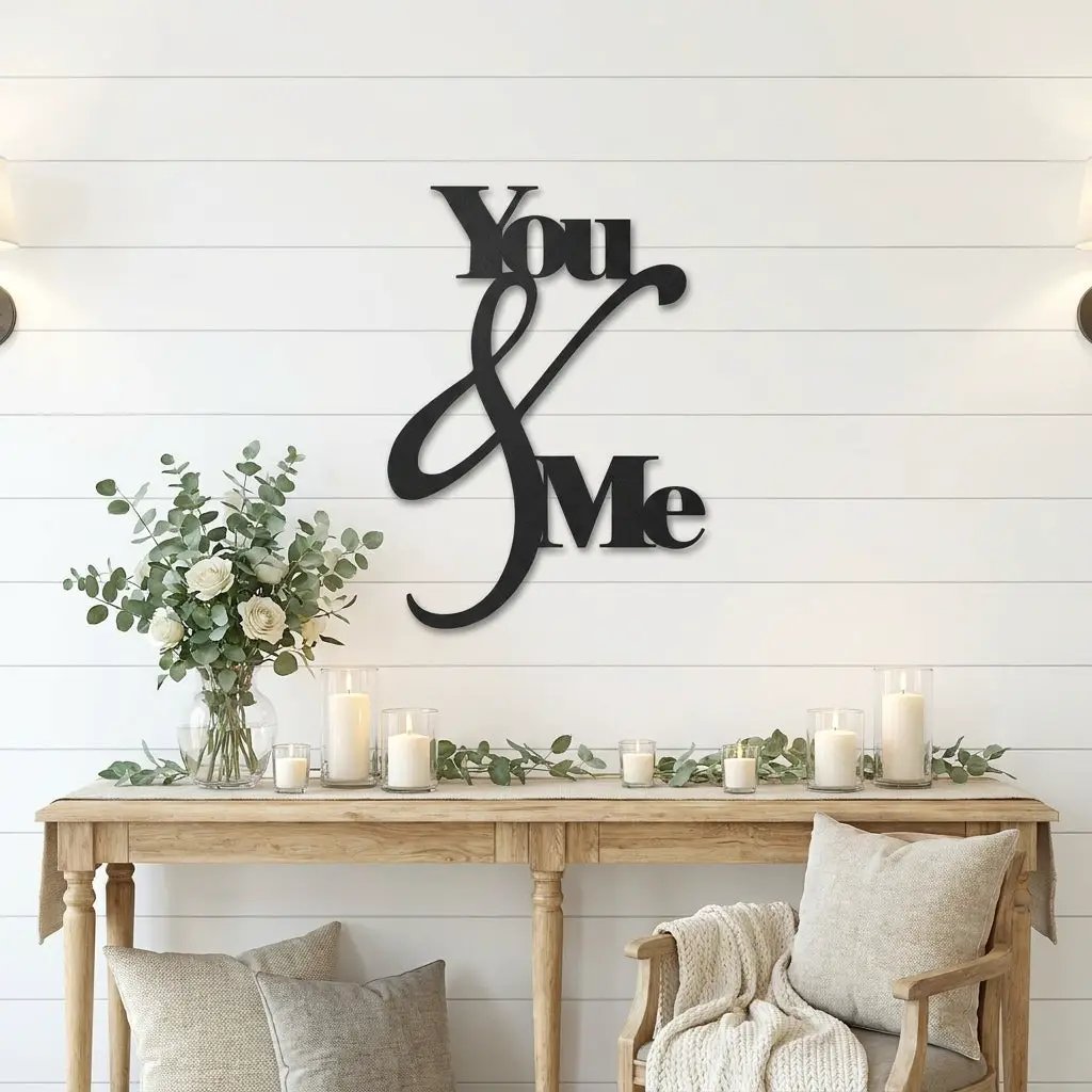 You and Me Metal Wall Art – Romantic Couple Sign – Wedding Gift, Anniversary Decor, Farmhouse Bedroom Wall Decor, Love Sign