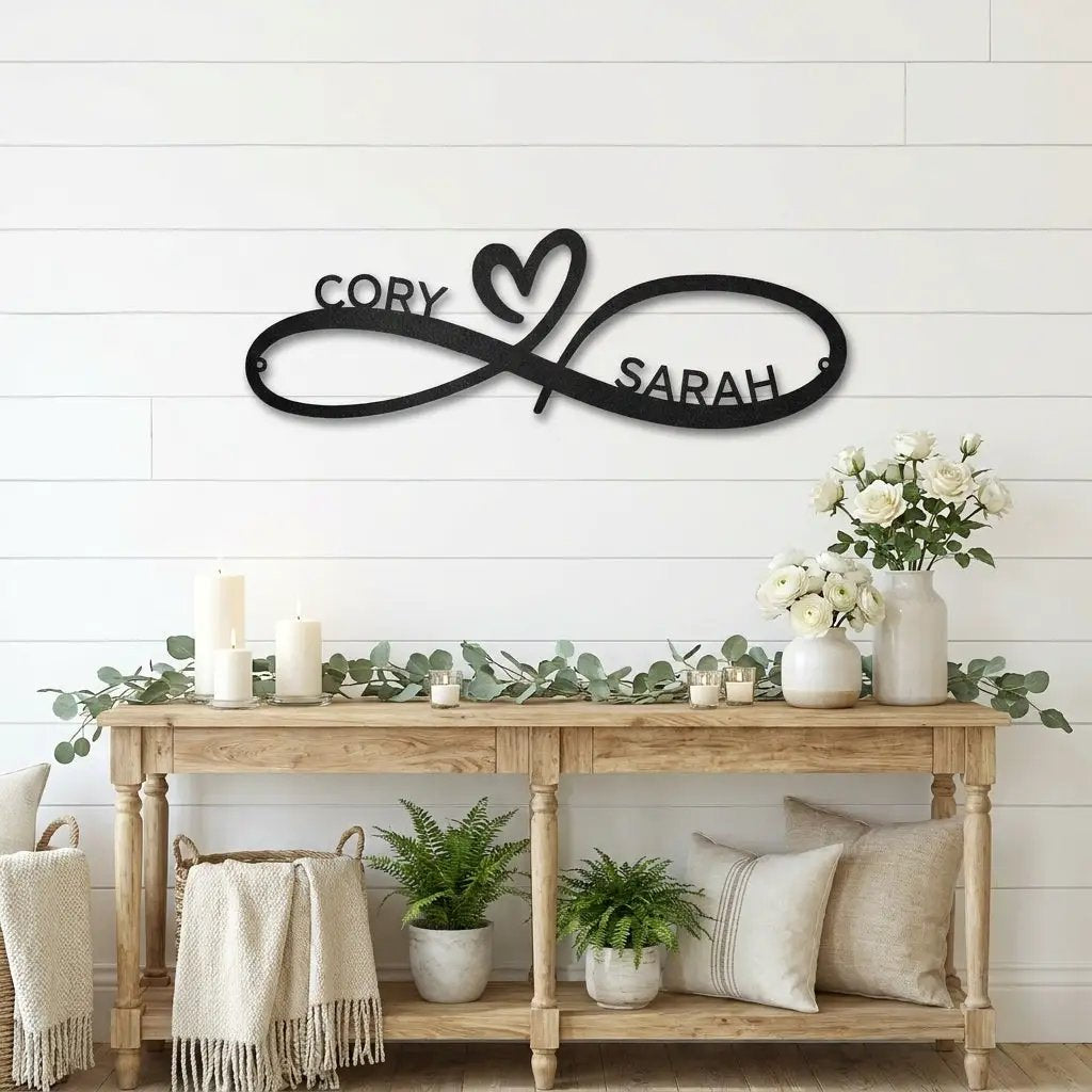 Personalized Infinity Name Metal Wall Art – Custom Couple Sign with Heart, Wedding Gift, Anniversary Decor, Romantic Home Decor