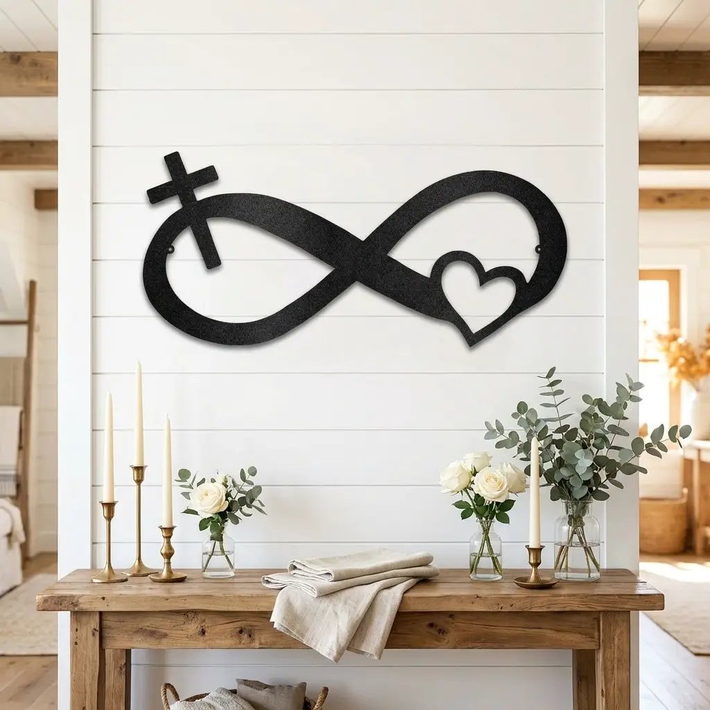 Infinity Cross and Heart Metal Wall Art – Christian Faith Inspired Indoor/Outdoor Sign – Laser Cut Powder-Coated Steel, Elegant Religious Home Décor (Multiple Sizes & Colors)