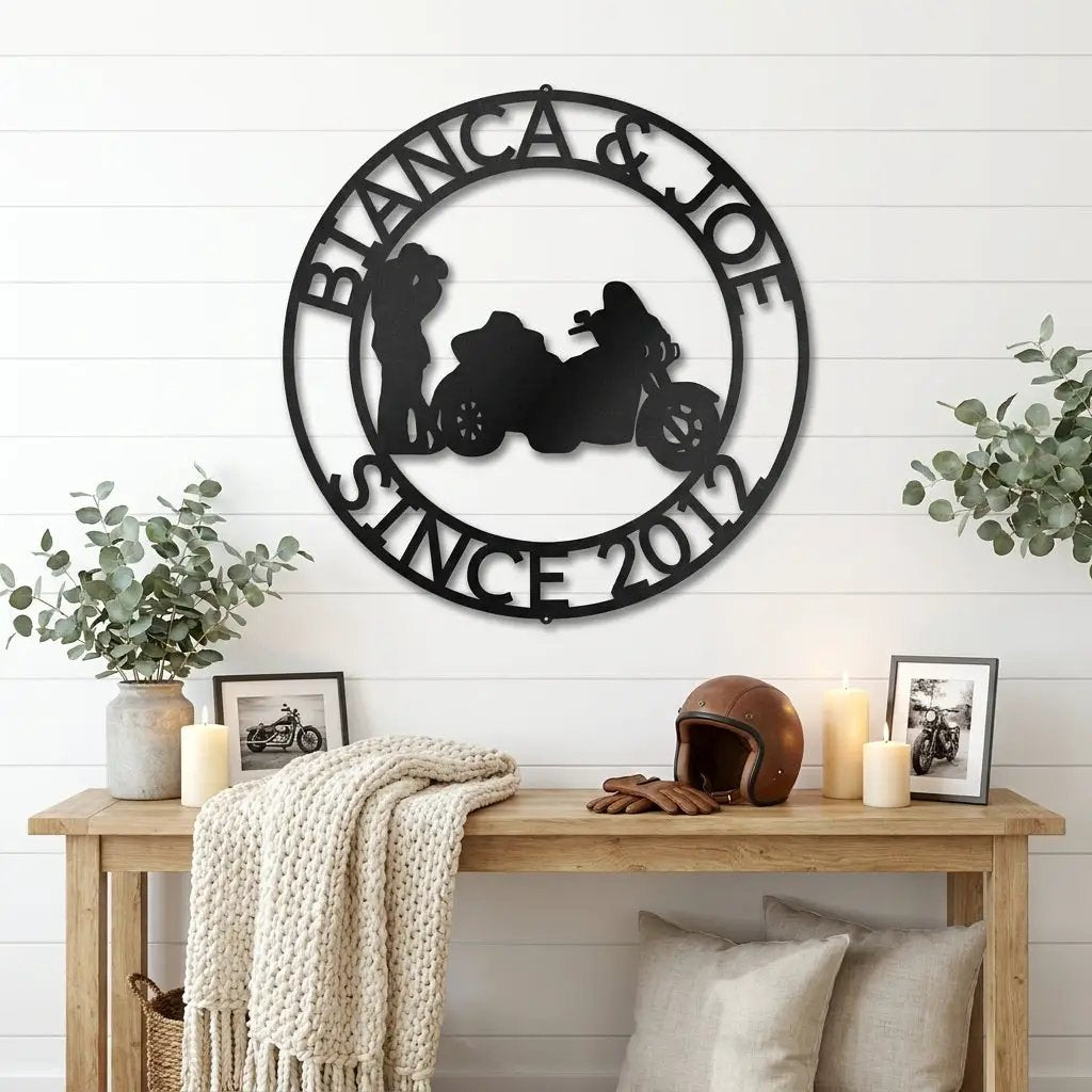 Personalized Couples Motorcycle Trike Metal Wall Art – Custom Names & Date Biker Sign – Anniversary Gift for Couples, Man Cave Garage Decor
