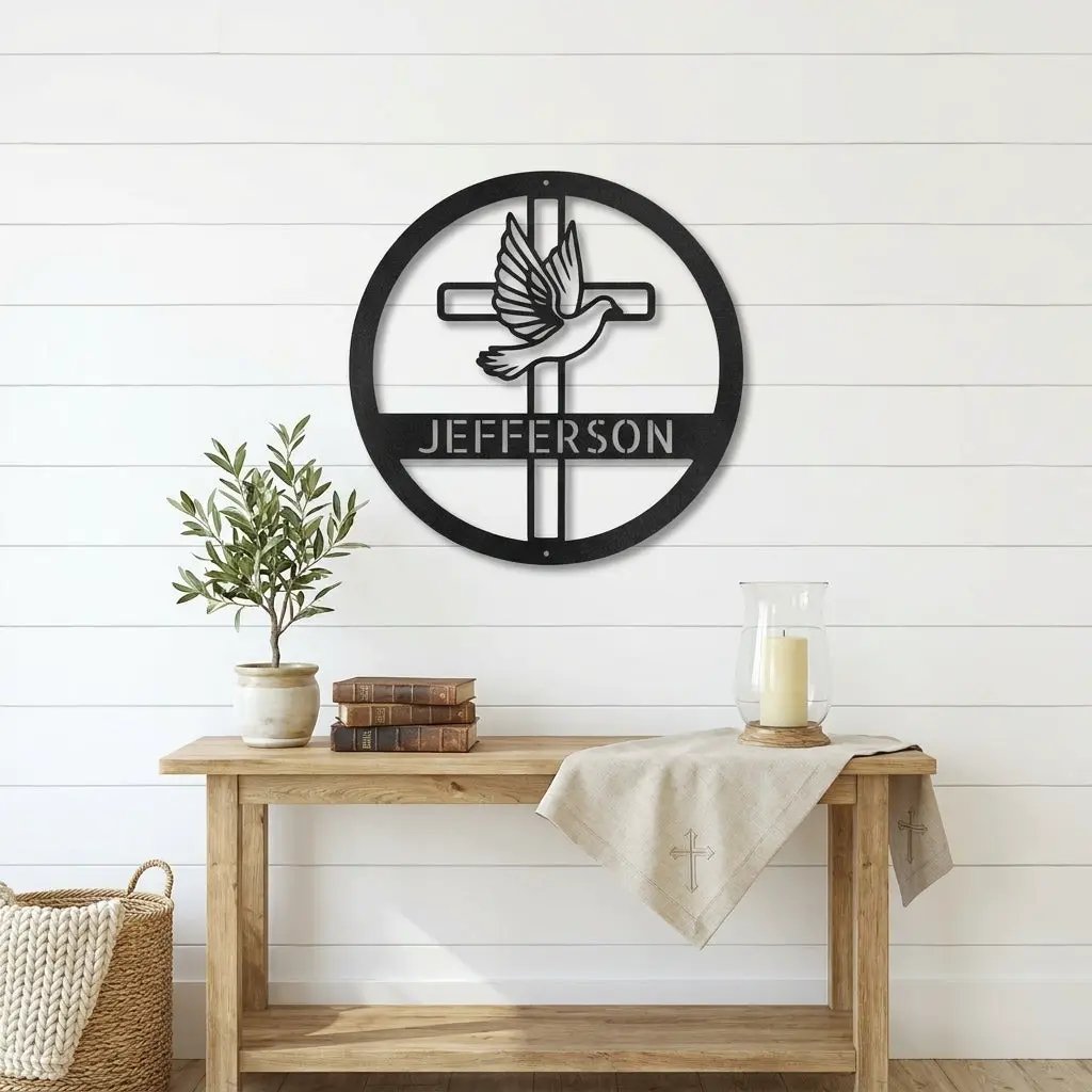 Personalized Cross & Dove Metal Wall Art – Custom Family Name Christian Steel Sign – Faith Based Farmhouse Wall Decor