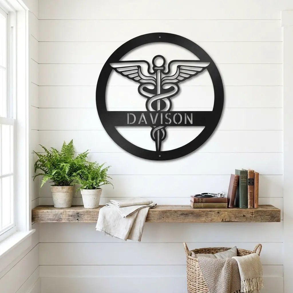 Personalized Medical Symbol Metal Wall Art – Custom Caduceus Steel Sign – Doctor Nurse Healthcare Professional Gift Decor