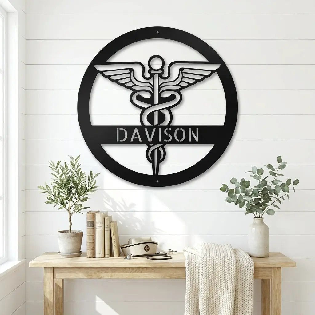 Personalized Medical Symbol Metal Wall Art – Custom Caduceus Steel Sign – Doctor Nurse Healthcare Professional Gift Decor