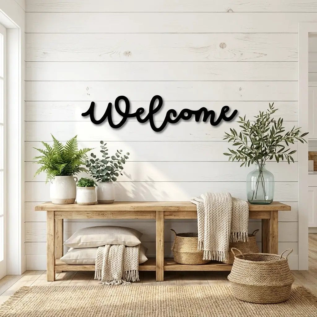 Welcome Script Metal Wall Art – Modern Farmhouse Welcome Sign – Minimalist Entryway Steel Decor for Porch, Foyer & Living Room