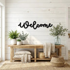 Welcome Script Metal Wall Art – Modern Farmhouse Welcome Sign – Minimalist Entryway Steel Decor for Porch, Foyer & Living Room
