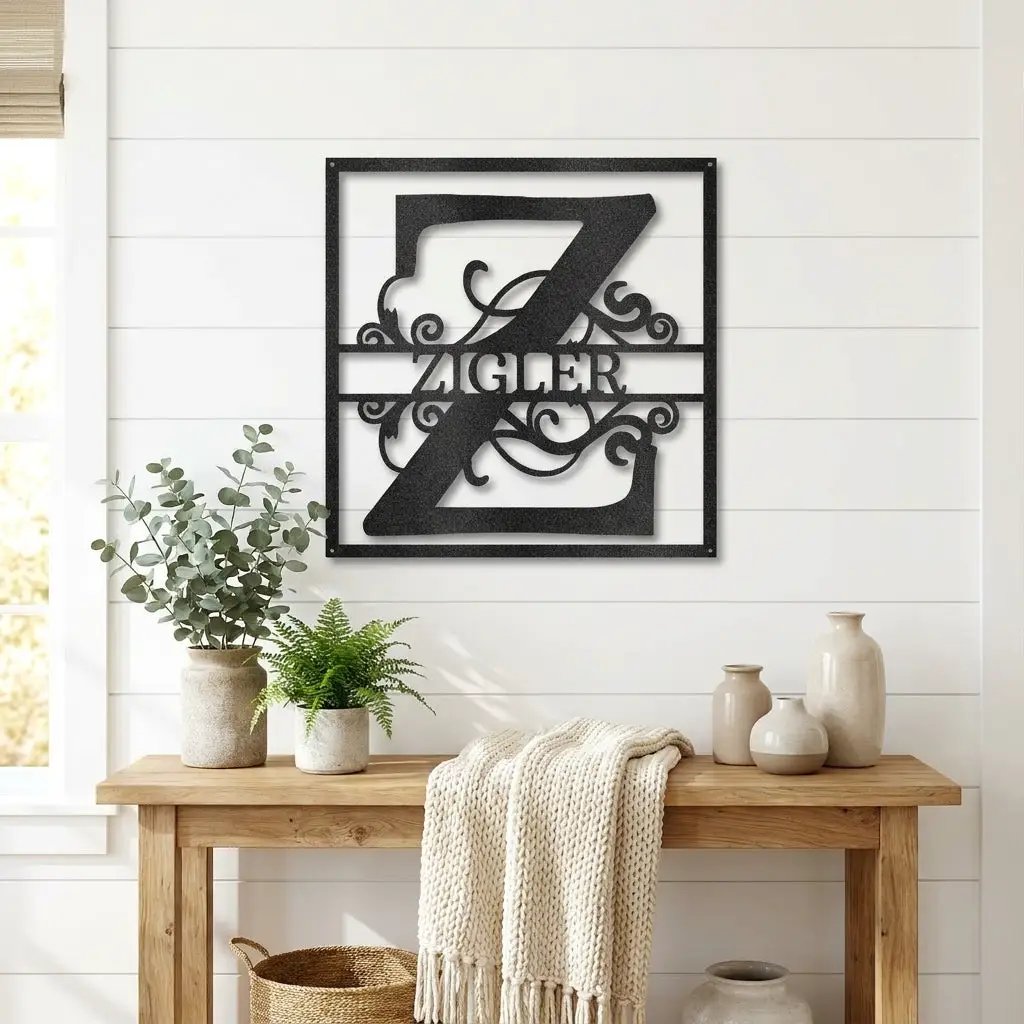 Personalized Monogram Metal Wall Art – Custom Family Name Sign – Square Metal Wall Decor – Farmhouse Last Name Steel Sign