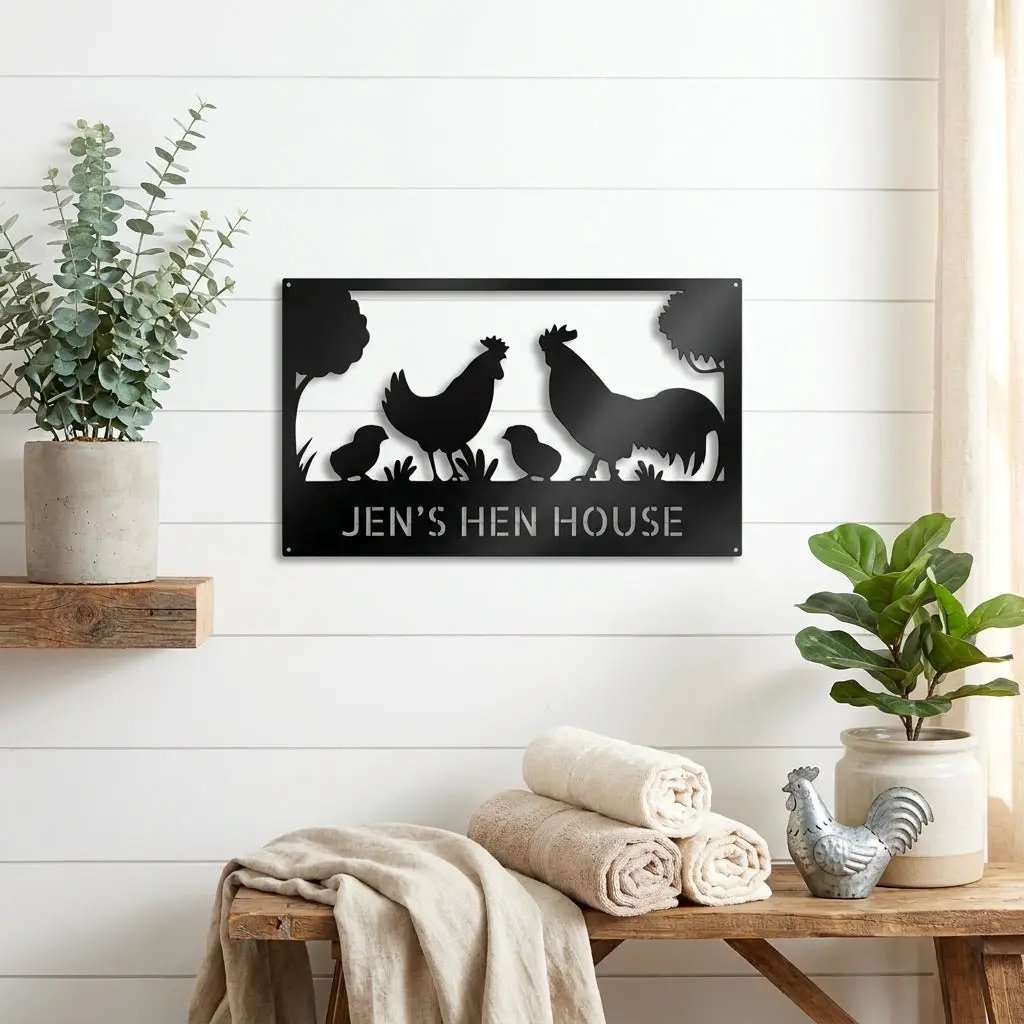 Personalized Chicken Coop Metal Sign | Custom Hen House Farmhouse Wall Decor | Chicken Family Metal Art