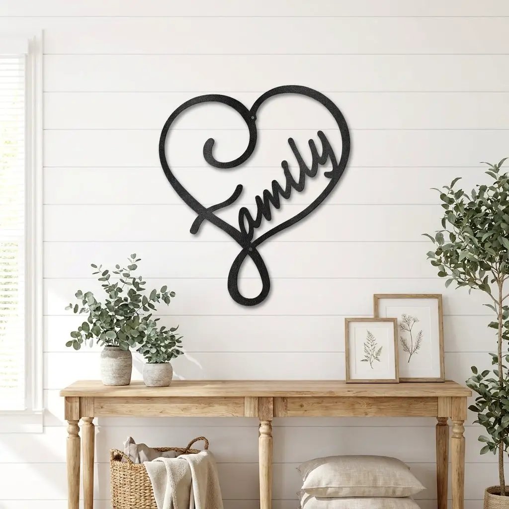 Family Name Heart Metal Wall Art Sign – Custom Steel Family Love Monogram – Laser Cut Amish Crafted Metal Home Decor