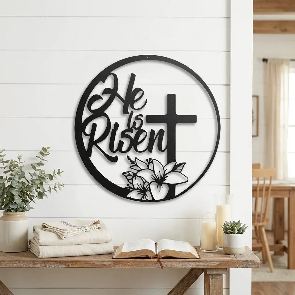 Easter Cross Metal Wall Sign – Christian Home Decor – He Is Risen