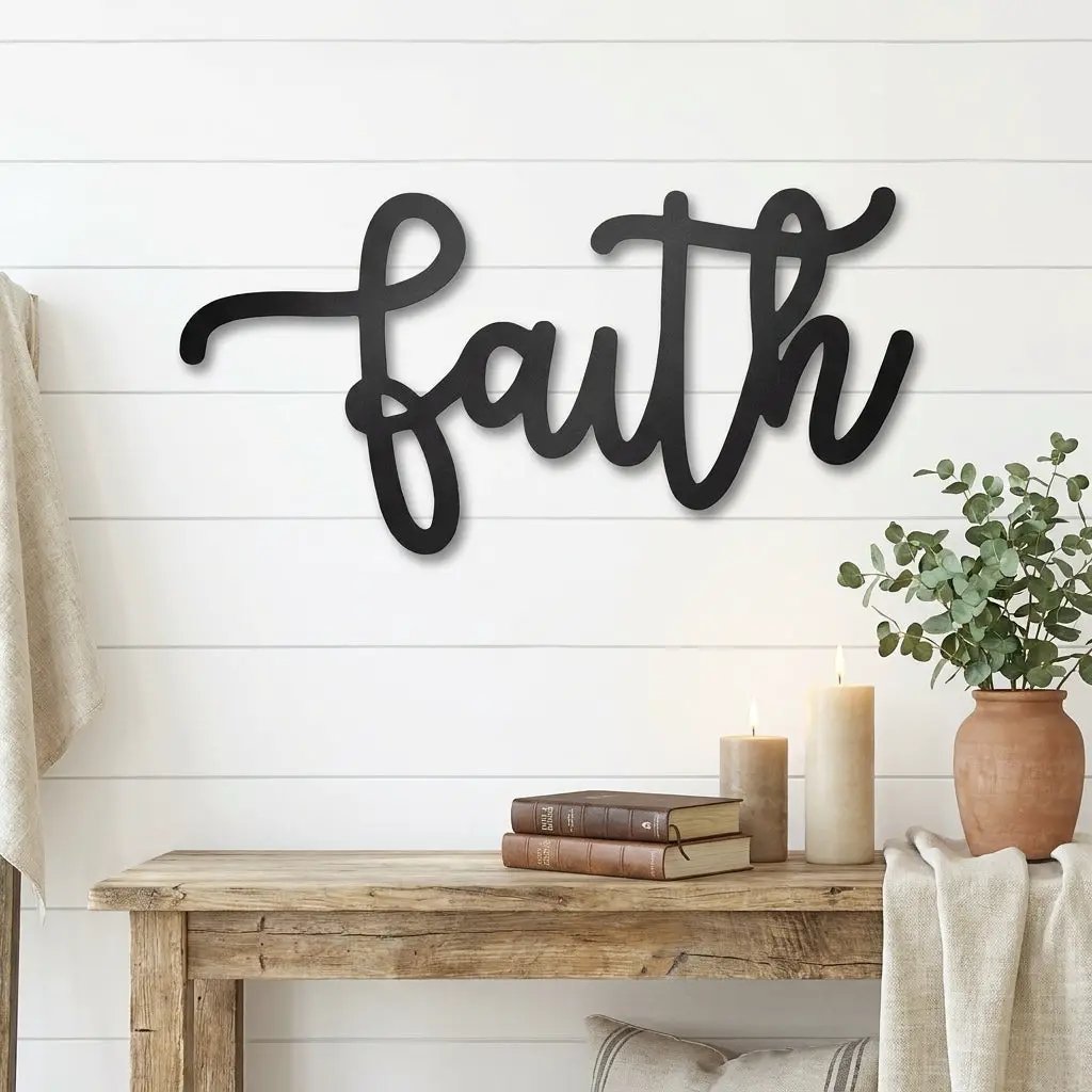 Faith Script Metal Wall Art – Christian Home Decor – Inspirational Metal Sign – Minimalist Religious Wall Decor
