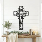 Blessed Cross Metal Wall Art | Christian Floral Cross Decor | Inspirational Faith Wall Hanging