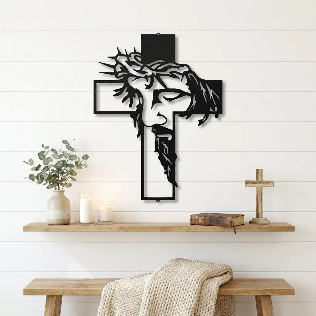 Jesus Crown of Thorns Steel Cross Sign Christian Metal Wall Decor Made in USA