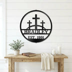 Personalized Three Crosses Metal Wall Art | Christian Family Name Sign | Faith Based Farmhouse Decor