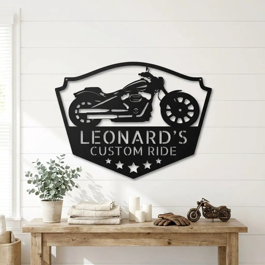 Chopper Motorcycle Shop Custom Name Monogram Indoor Outdoor Steel Wall Sign