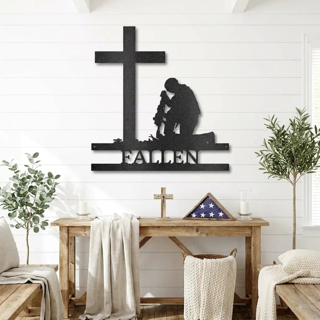 Personalized Fallen Soldier Memorial Metal Wall Art | Military Remembrance Cross Decor | Veteran Tribute Sign