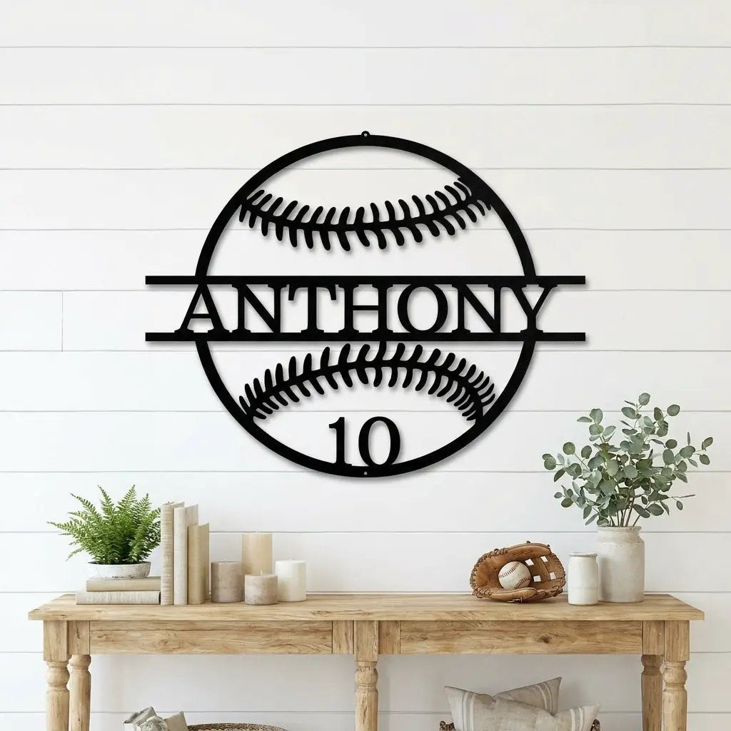 Personalized Baseball Metal Wall Art | Custom Name and Number Baseball Sign | Player Room Decor