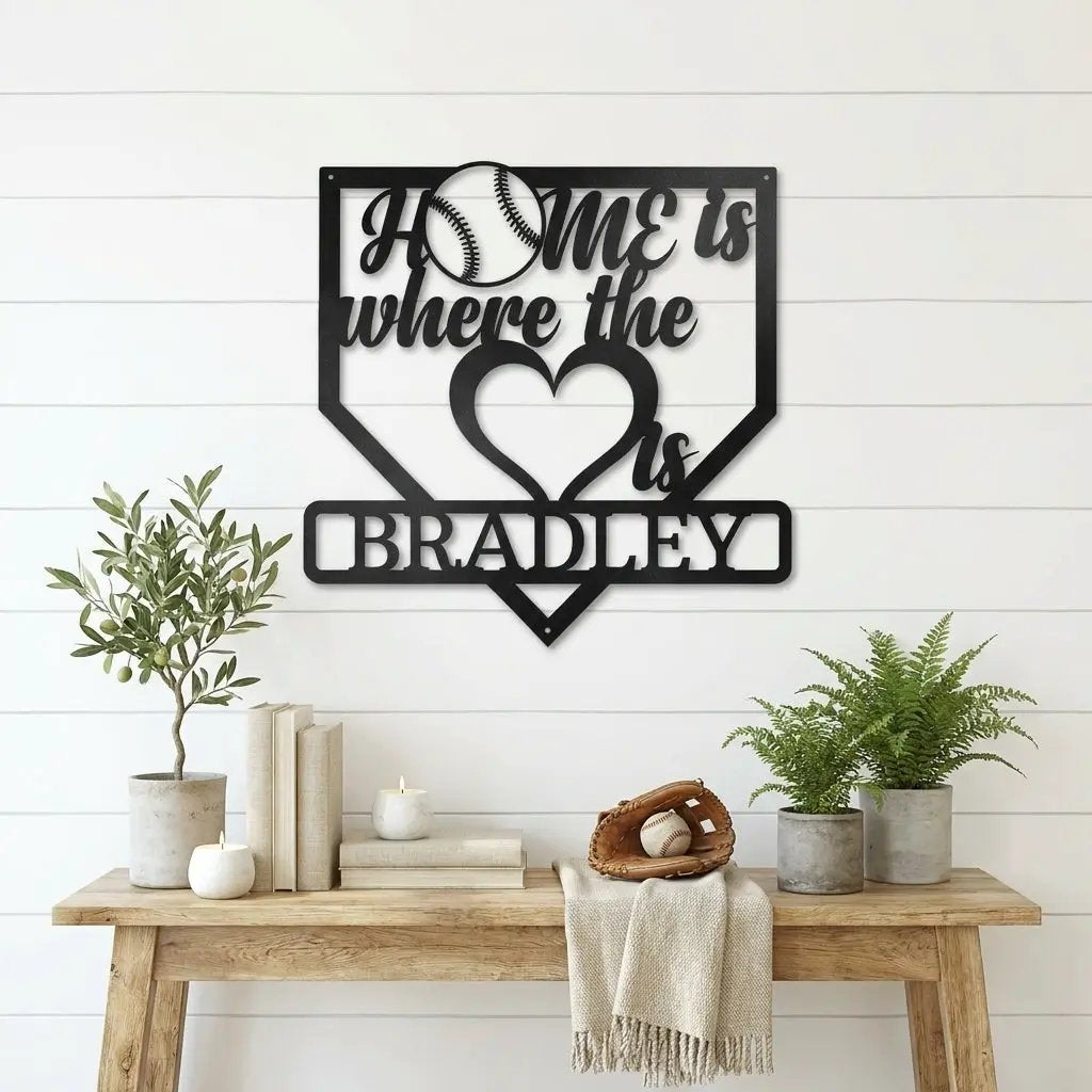 Personalized Baseball Home Plate Metal Wall Art | Custom Family Name Baseball Sign | Baseball Lover Home Decor