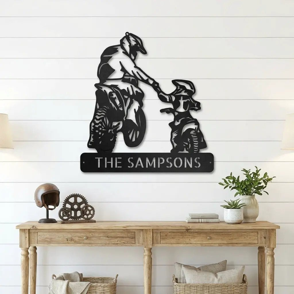 Father and Son Motocross Personalized Name Indoor Outdoor Steel Wall Sign Metal Art