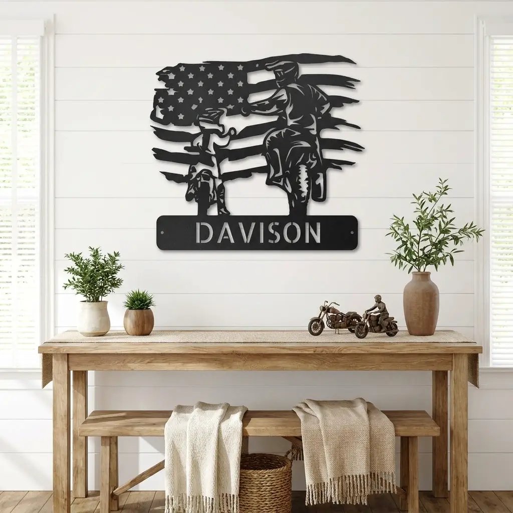 Personalized American Father & Son Motorcycle Metal Wall Art | Patriotic Biker Family Sign | Custom USA Motorcycle Decor