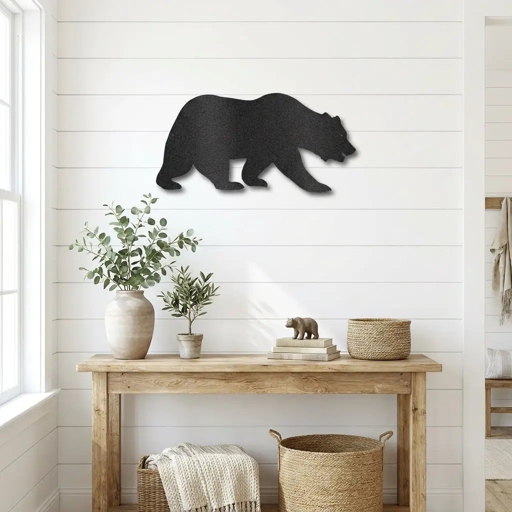 Grizzly Bear Metal Wall Art Sign – Rustic Cabin Wildlife Decor – Bear Silhouette Steel Wall Art – Outdoor Lodge Mountain Home Decor