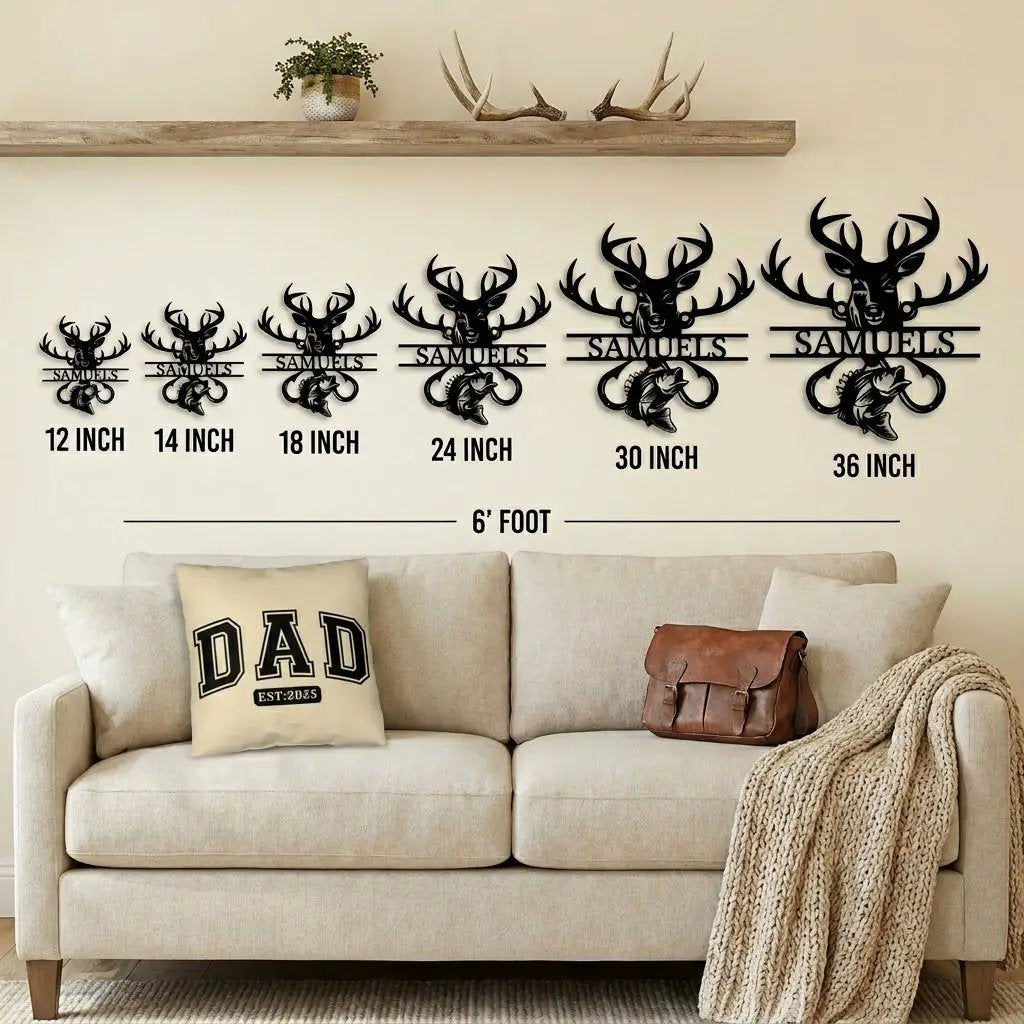 Outdoorsman Custom Metal Wall Art Deer Hunting and Bass Fishing Sign Custom Name Rustic Cabin Decor Hunter Fisherman Gift