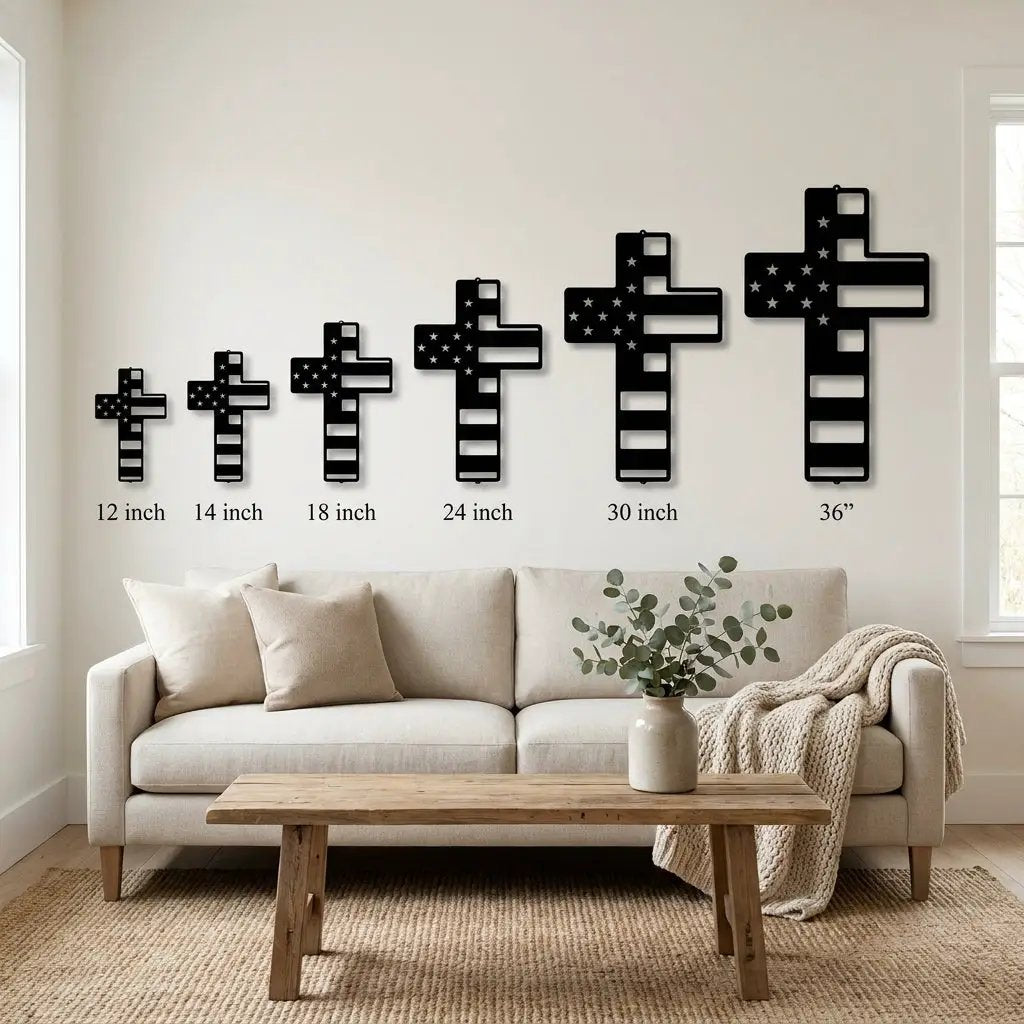 American Flag Cross Metal Wall Art – Patriotic Christian Cross Decor – USA Flag Faith Steel Sign – Veteran Tribute Wall Decor
